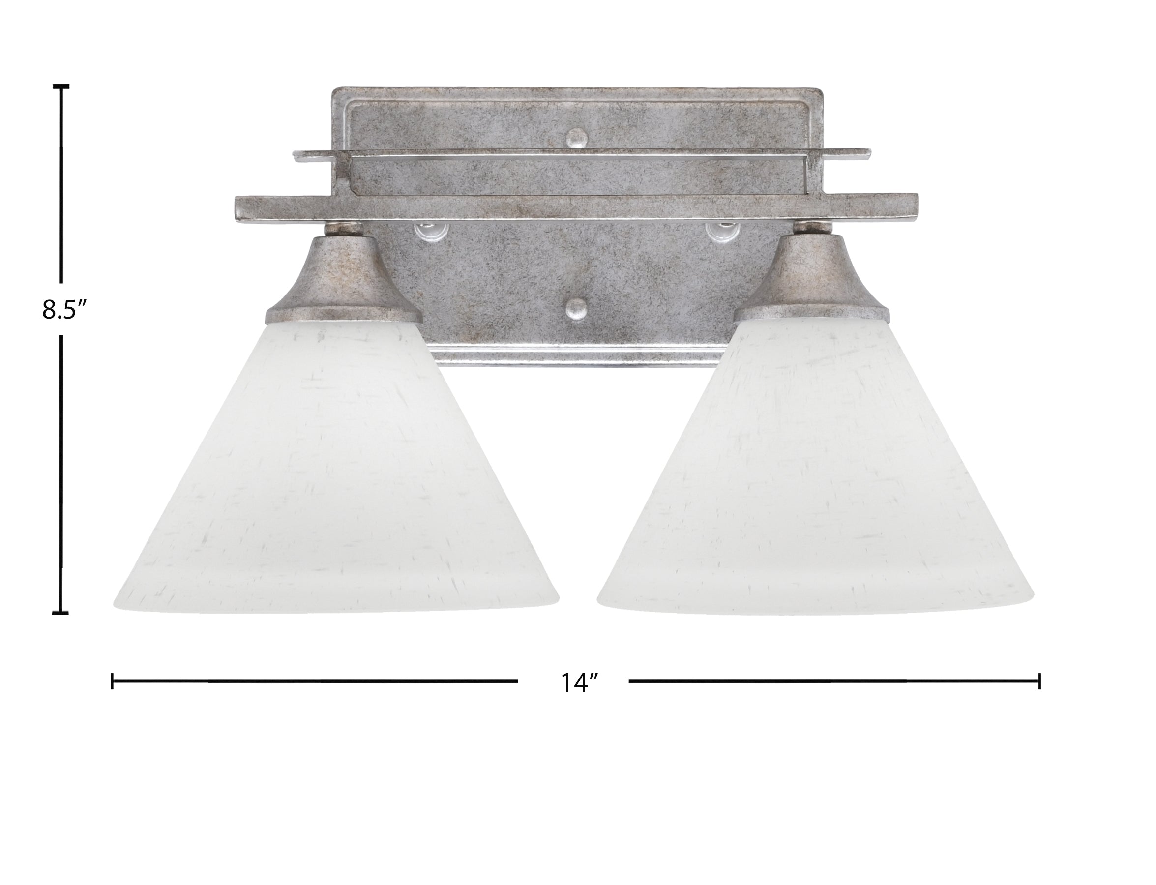 Uptowne Two Light Bath Bar in Aged Silver with 7" White Muslin Shade