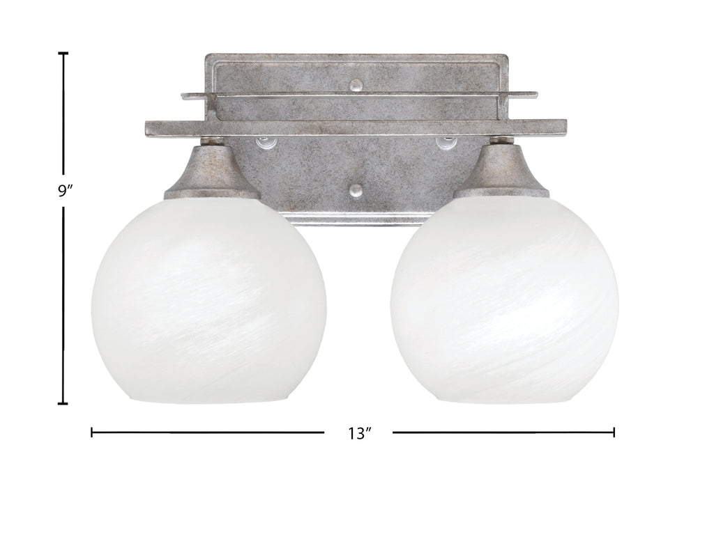 Uptowne Two Light Bath Bar in Aged Silver with 5.75" White Marble Shade