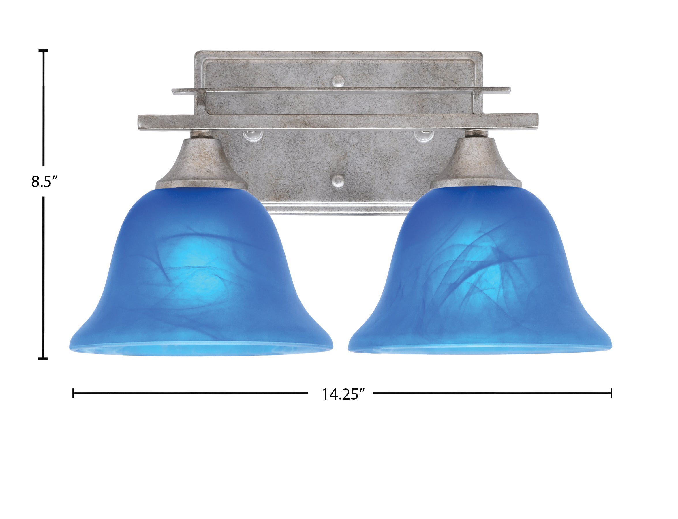 Uptowne Two Light Bath Bar in Aged Silver with 7" Blue Italian Shade