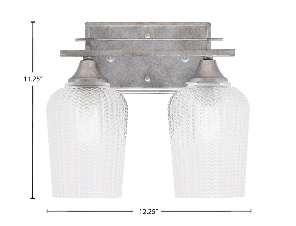 Uptowne Two Light Bath Bar in Aged Silver with 5" Clear Textured Shade