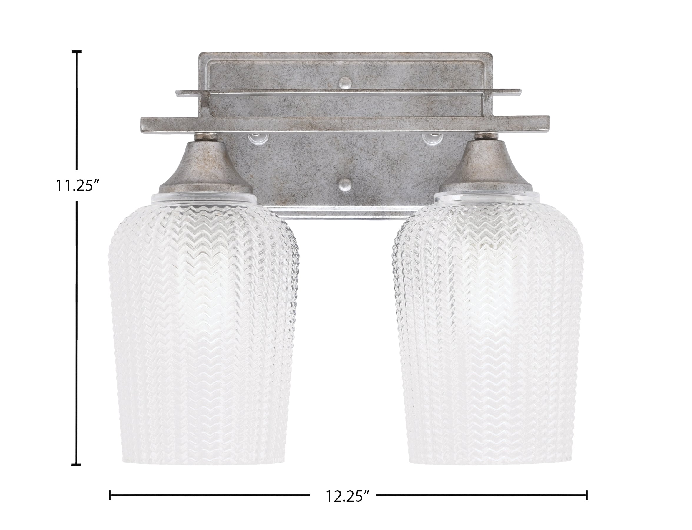 Uptowne Two Light Bath Bar in Aged Silver with 5" Clear Textured Shade