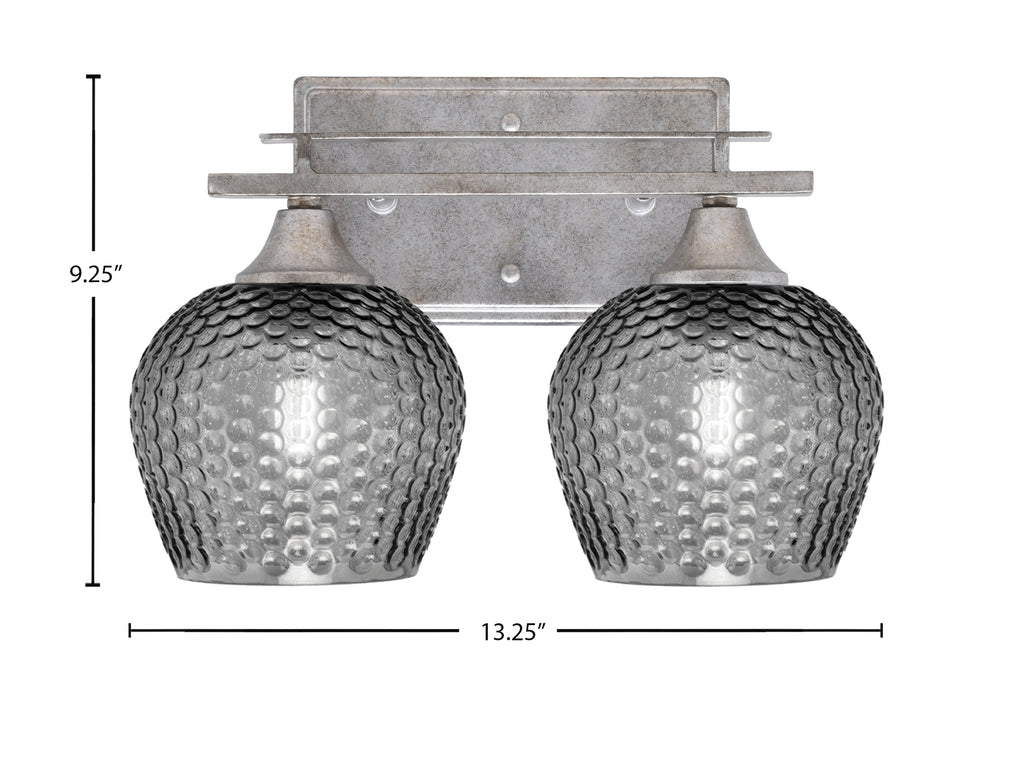 Uptowne Two Light Bath Bar in Aged Silver with 6" Smoke Textured Shade