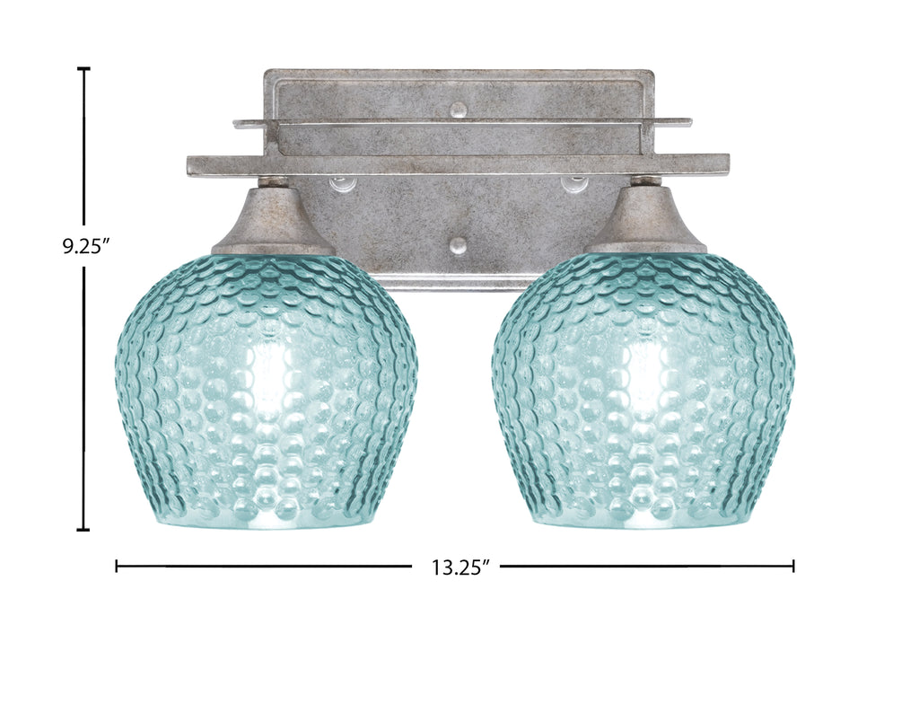 Uptowne Two Light Bath Bar in Aged Silver with 6" Turquoise Textured Shade