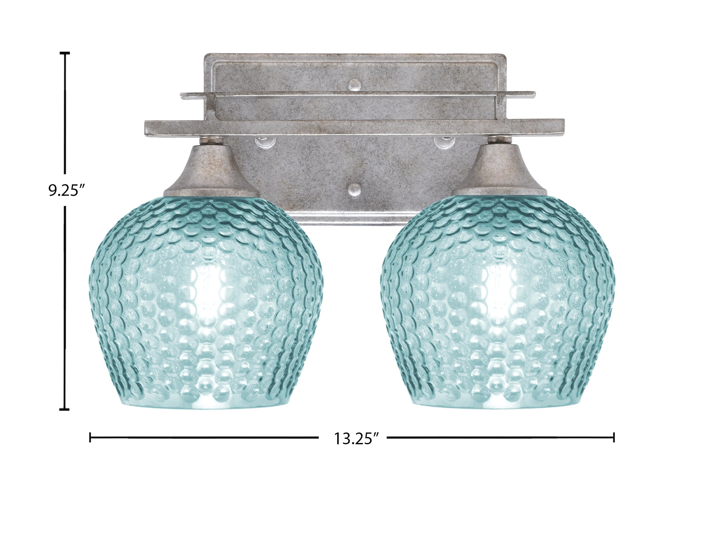 Uptowne Two Light Bath Bar in Aged Silver with 6" Turquoise Textured Shade