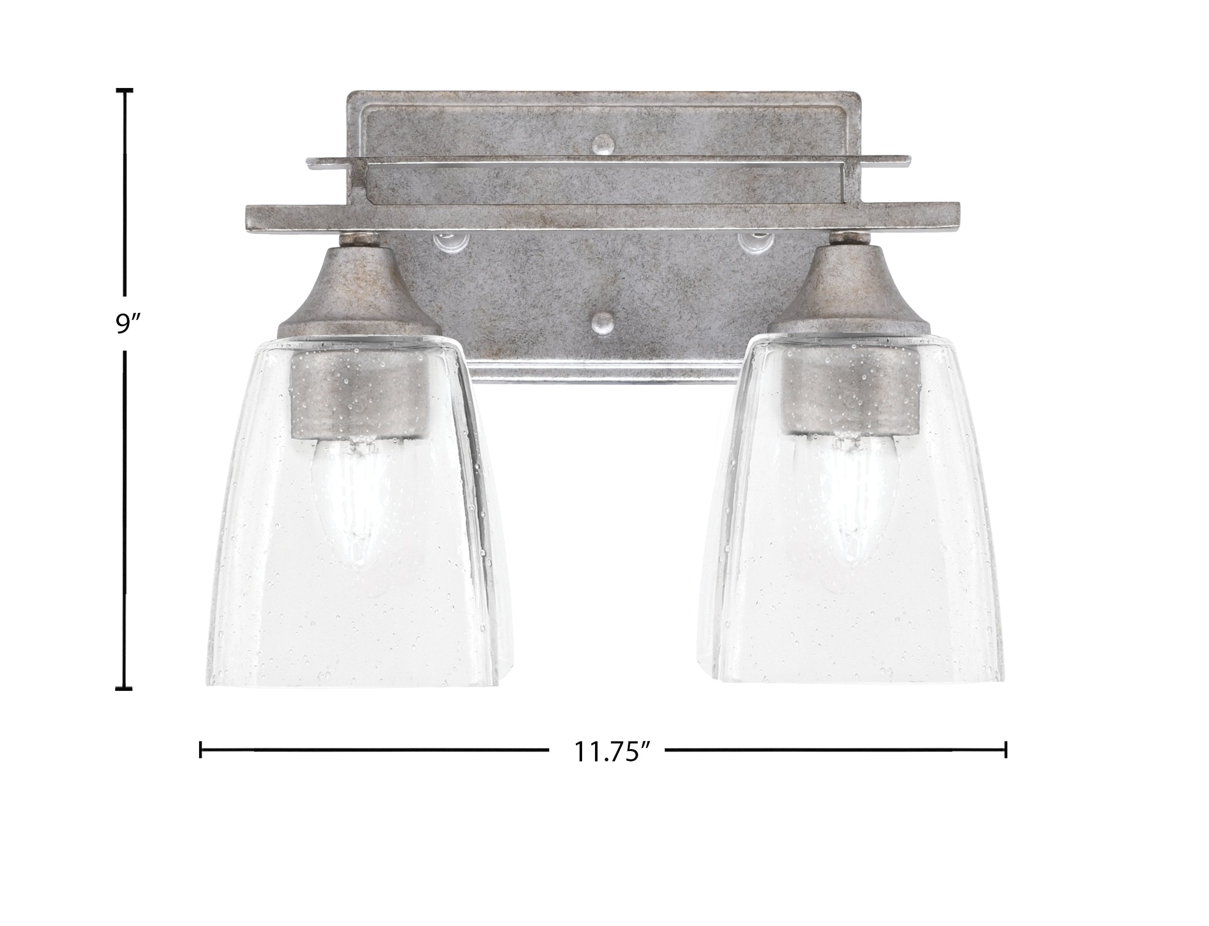 Uptowne Two Light Bath Bar in Aged Silver with 4.5" Square Clear Bubble Shade