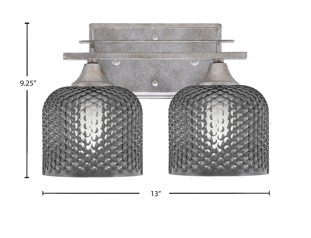 Uptowne Two Light Bath Bar in Aged Silver with 6" Smoke Textured Shade
