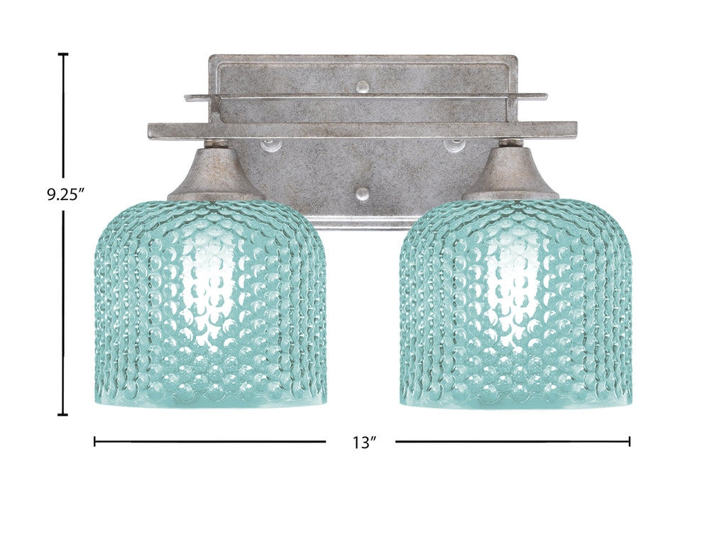 Uptowne Two Light Bath Bar in Aged Silver with 6" Turquoise Textured Shade