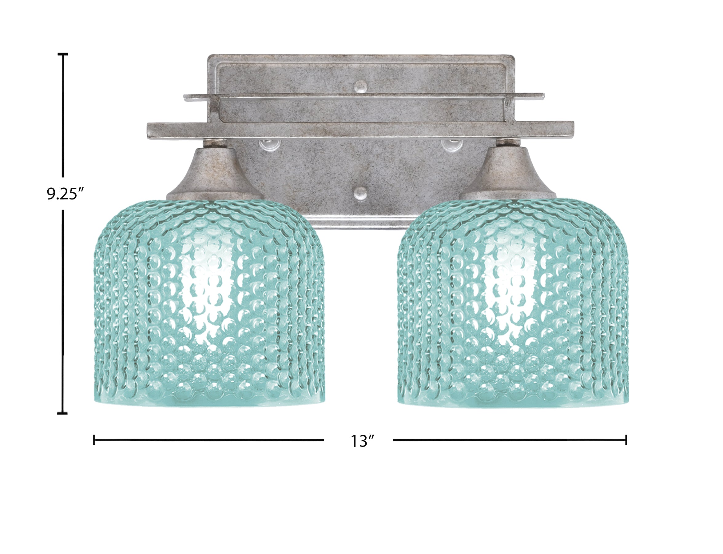 Uptowne Two Light Bath Bar in Aged Silver with 6" Turquoise Textured Shade