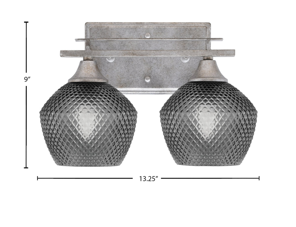 Uptowne Two Light Bath Bar in Aged Silver with 6" Smoke Textured Shade