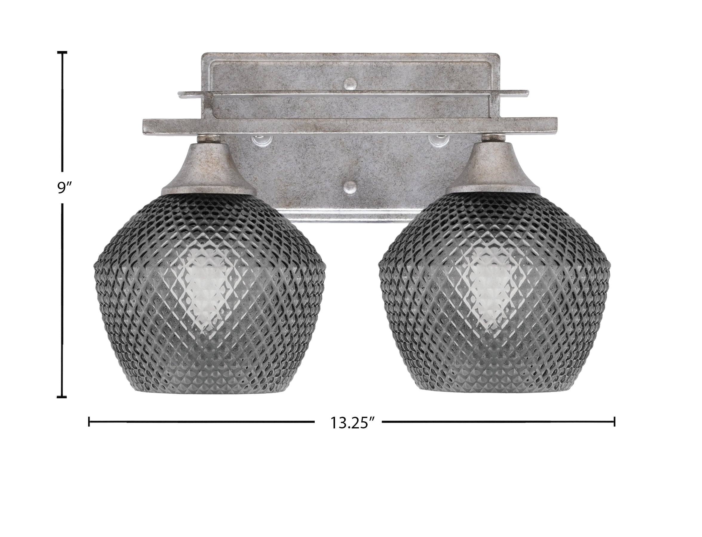 Uptowne Two Light Bath Bar in Aged Silver with 6" Smoke Textured Shade