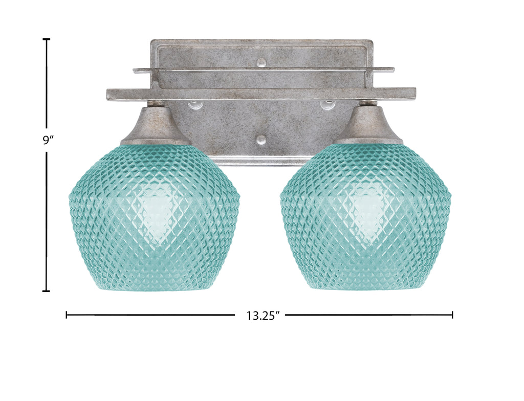 Uptowne Two Light Bath Bar in Aged Silver with 6" Turquoise Textured Shade