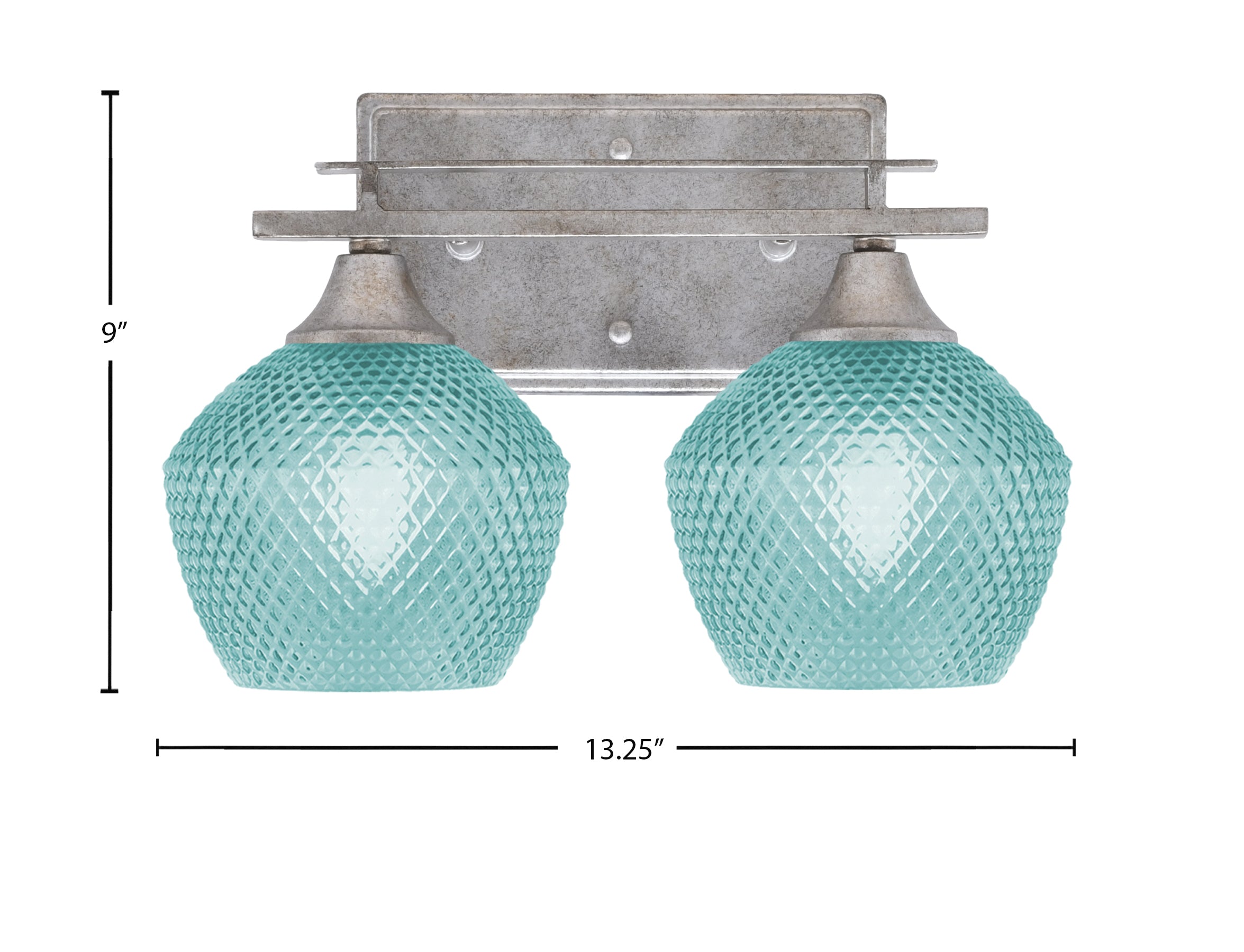 Uptowne Two Light Bath Bar in Aged Silver with 6" Turquoise Textured Shade