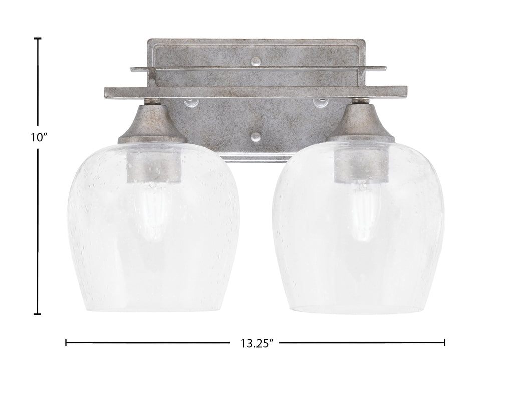 Uptowne Two Light Bath Bar in Aged Silver with 6" Clear Bubble Glass Shade