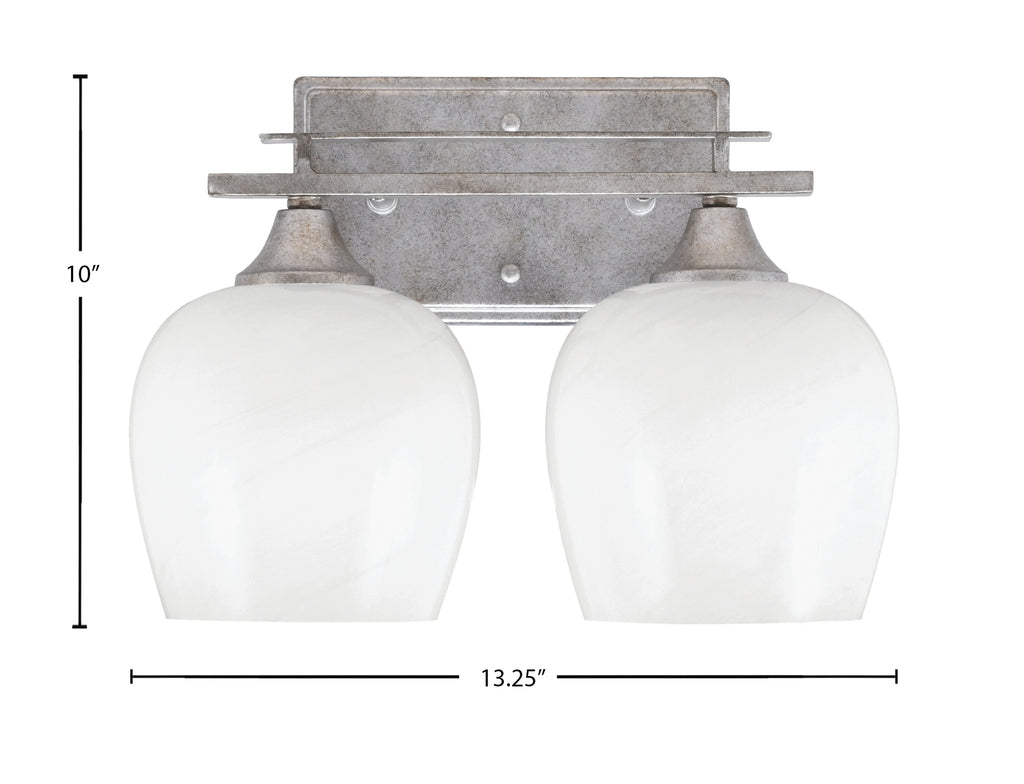 Uptowne Two Light Bath Bar in Aged Silver with 6" White Marble Shade