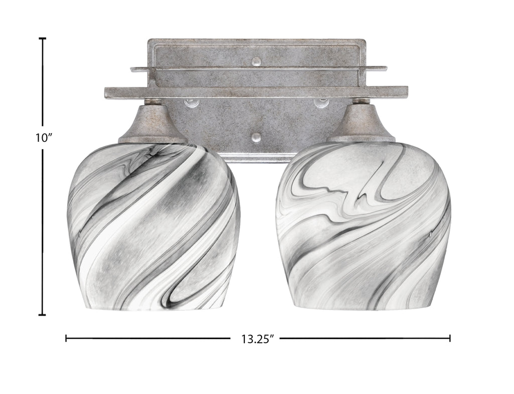 Uptowne Two Light Bath Bar in Aged Silver with 6" Onyx Swirl Shade