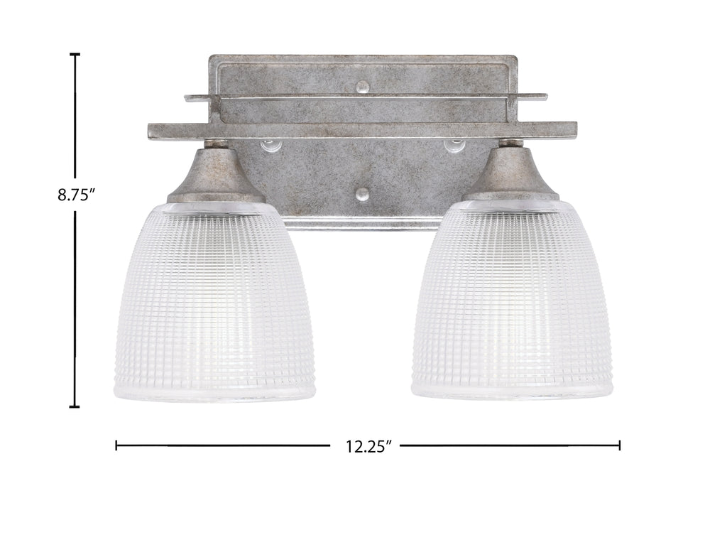 Uptowne Two Light Bath Bar in Aged Silver with 5" Clear Ribbed Shade