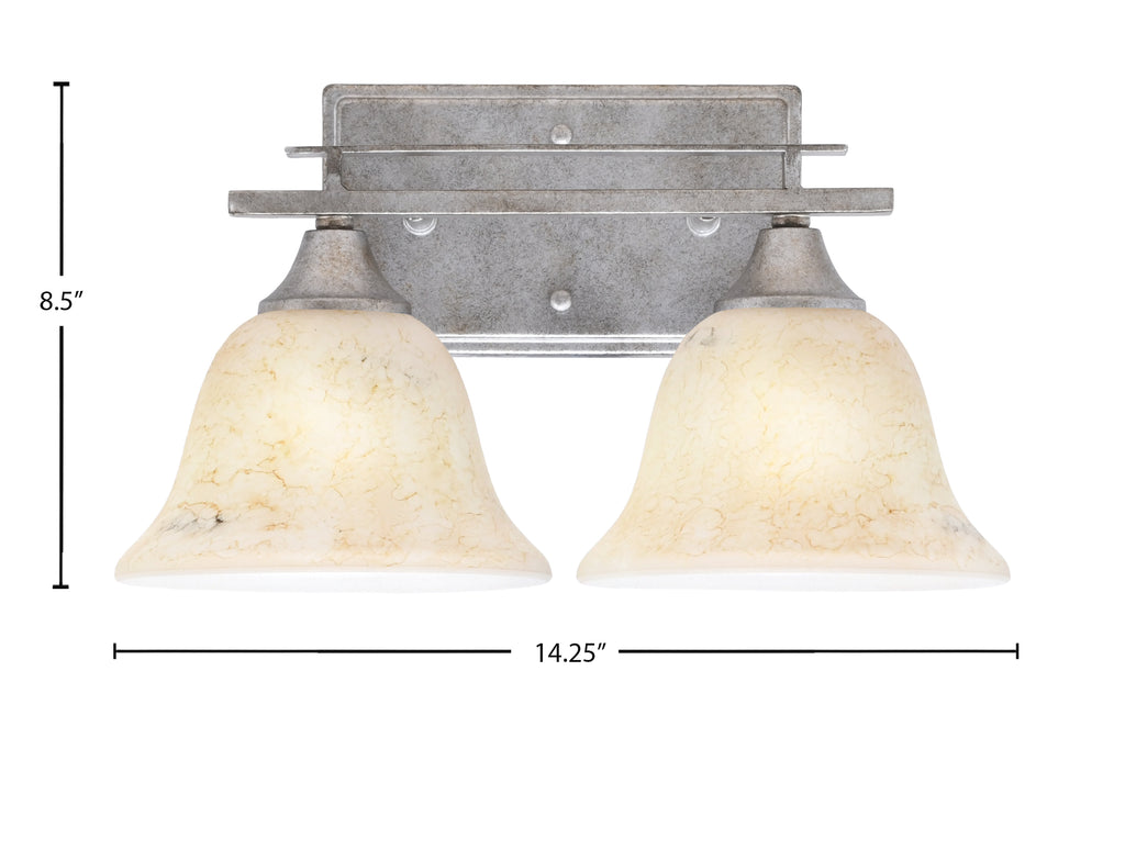 Uptowne Two Light Bath Bar in Aged Silver with 7" Italian Marble Shade