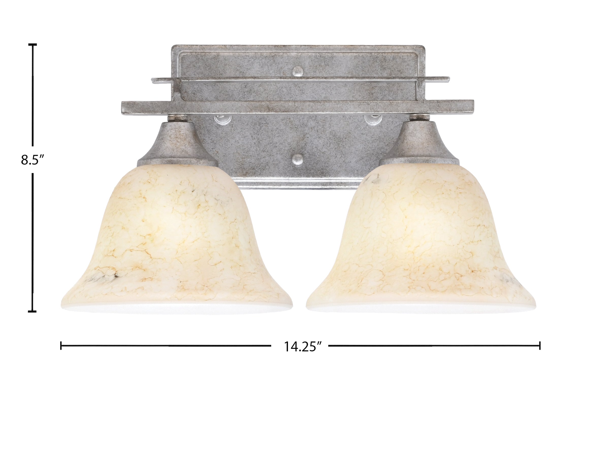 Uptowne Two Light Bath Bar in Aged Silver with 7" Italian Marble Shade
