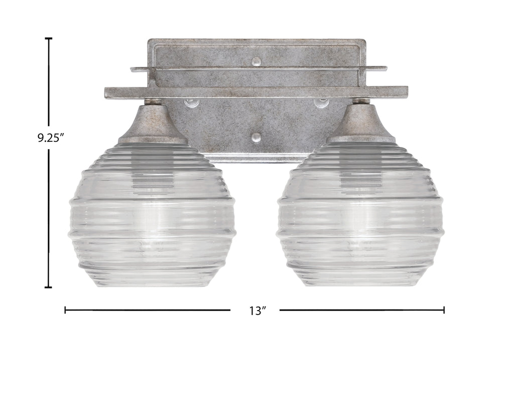 Uptowne Two Light Bath Bar in Aged Silver with 6" Clear Ribbed Glass Shade