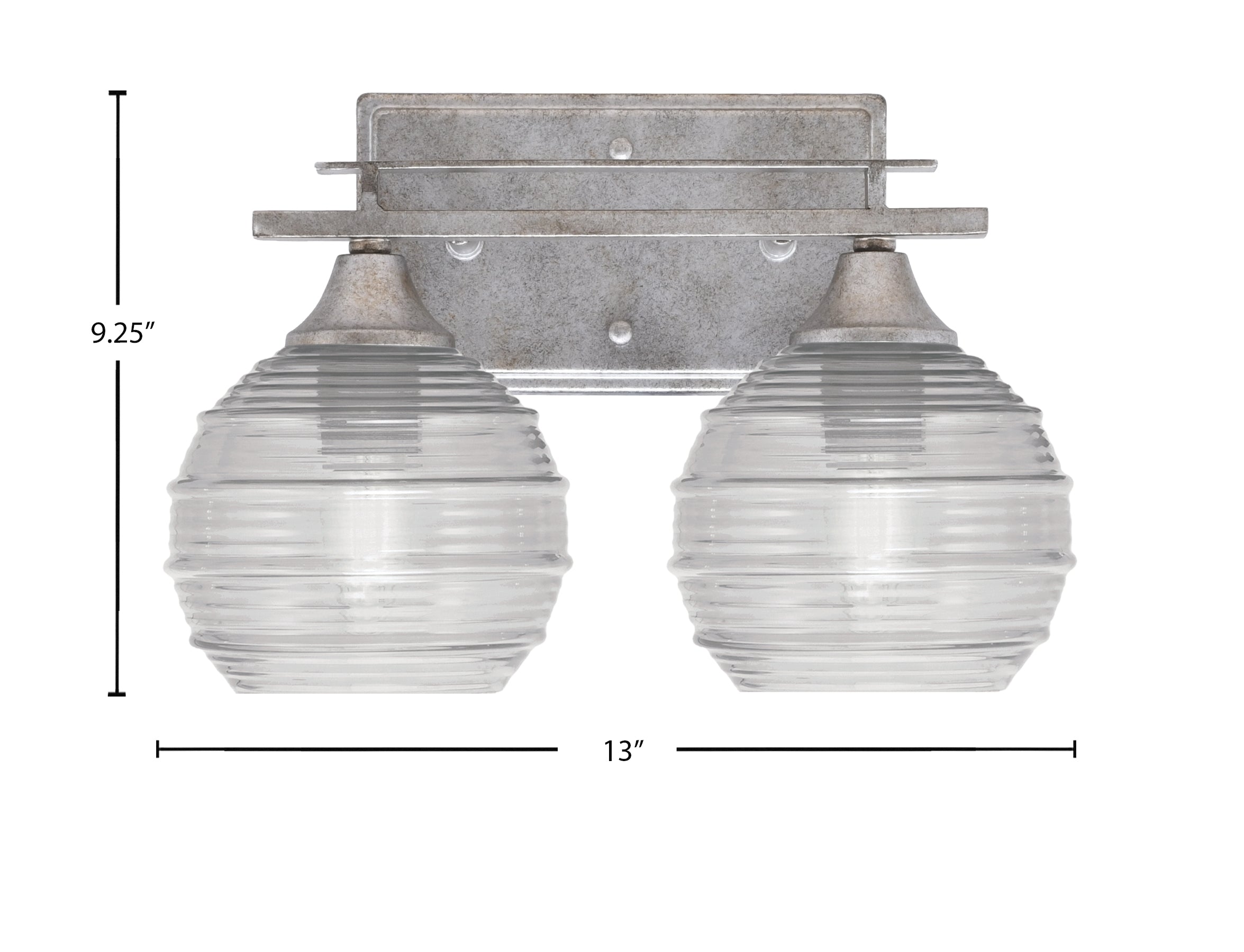 Uptowne Two Light Bath Bar in Aged Silver with 6" Clear Ribbed Glass Shade