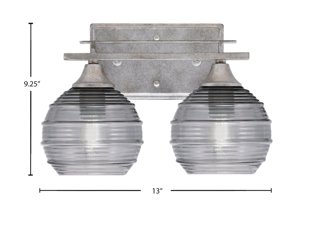 Uptowne Two Light Bath Bar in Aged Silver with 6" Smoke Ribbed Shade