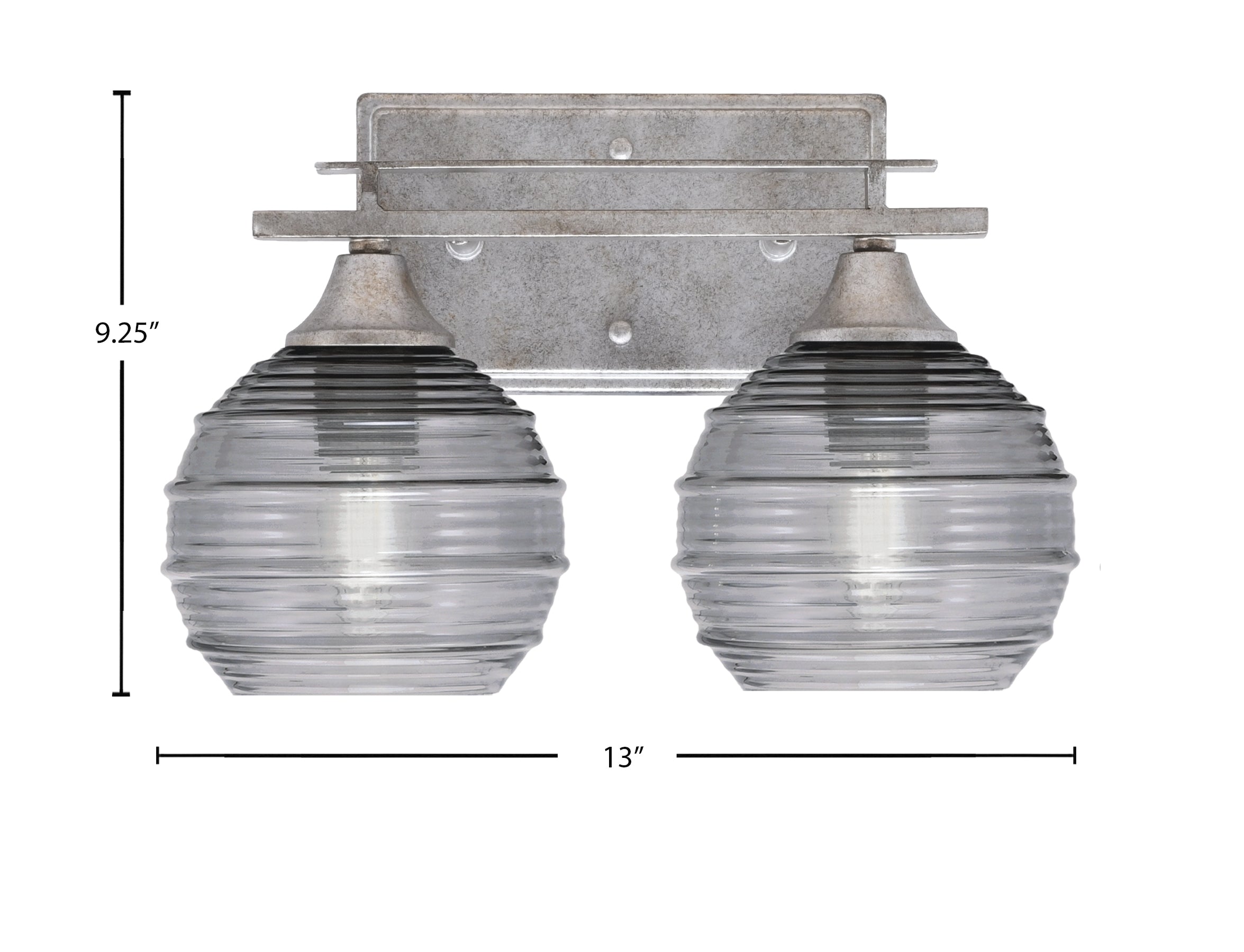 Uptowne Two Light Bath Bar in Aged Silver with 6" Smoke Ribbed Shade