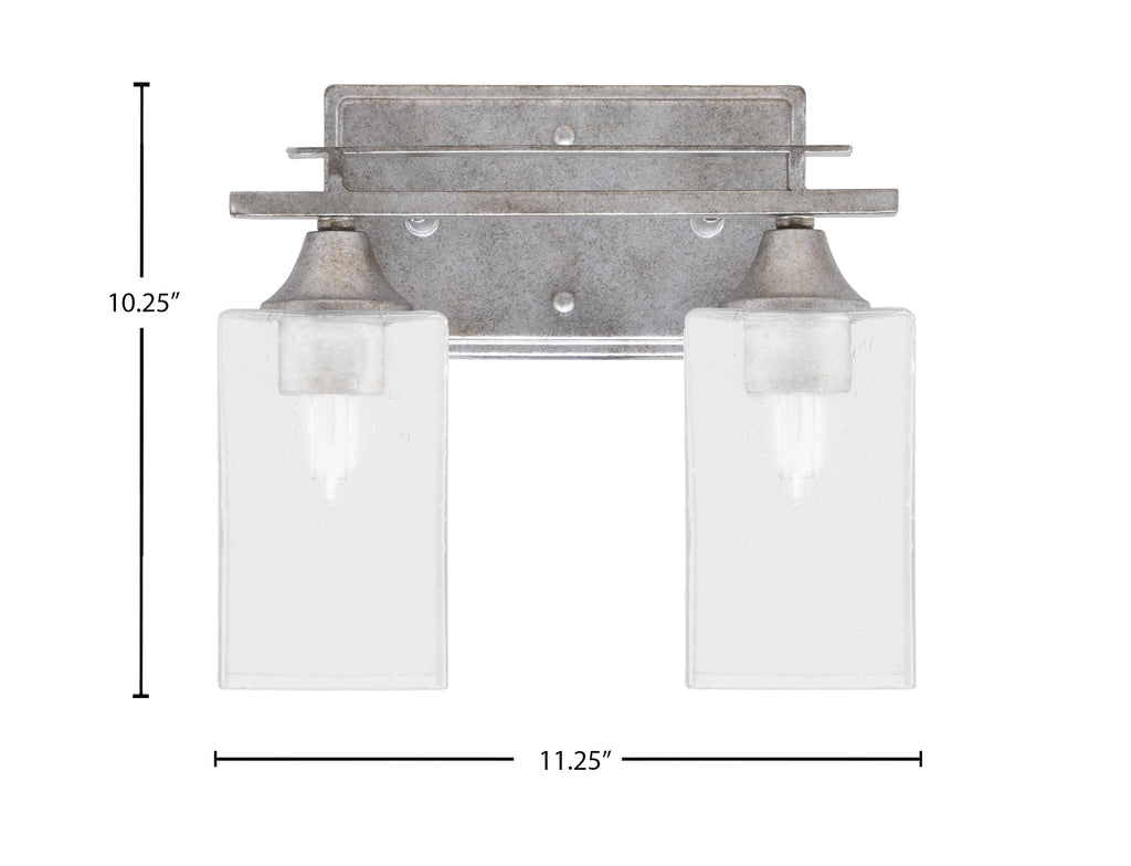Uptowne Two Light Bath Bar in Aged Silver with 4" Square Clear Bubble Shade