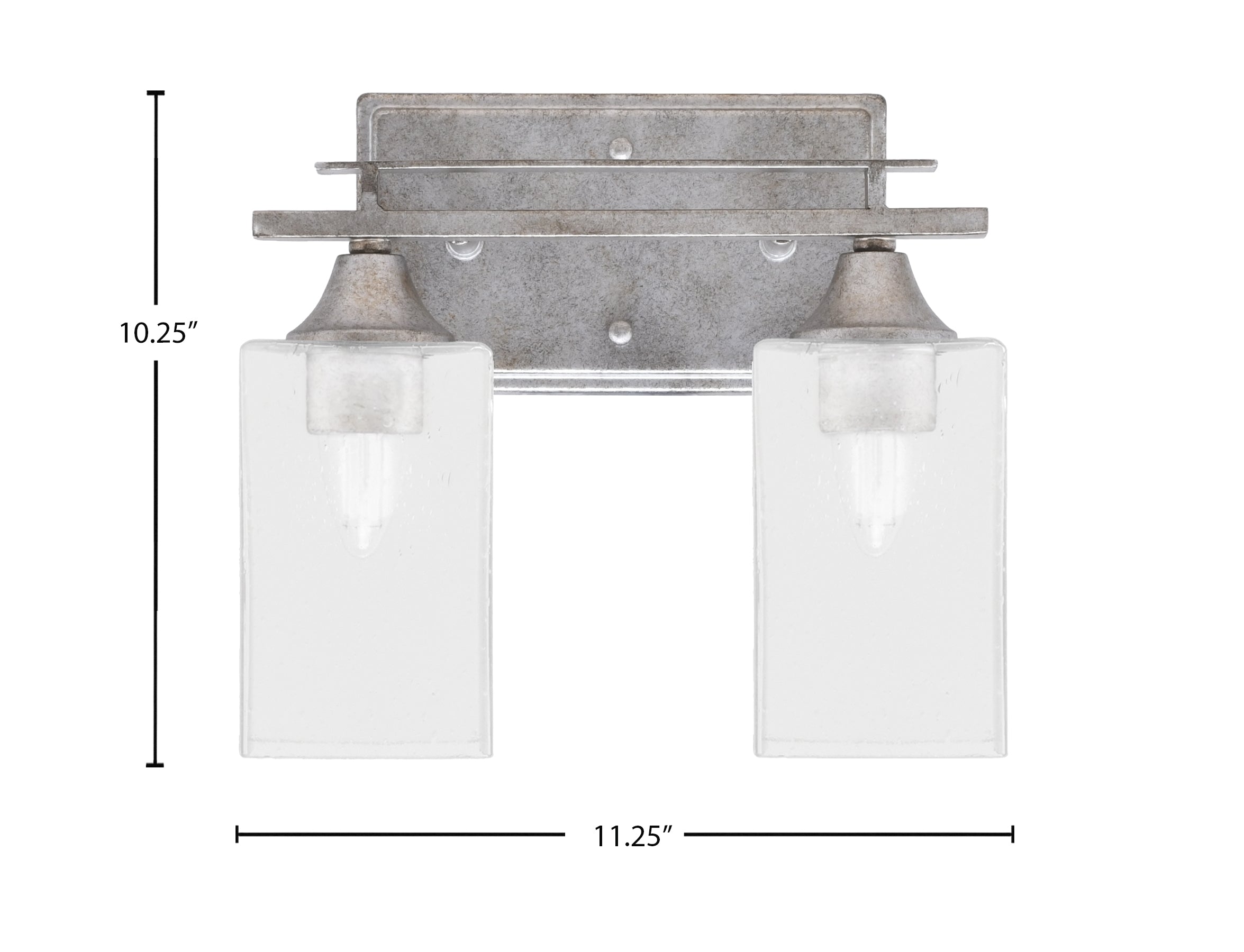Uptowne Two Light Bath Bar in Aged Silver with 4" Square Clear Bubble Shade