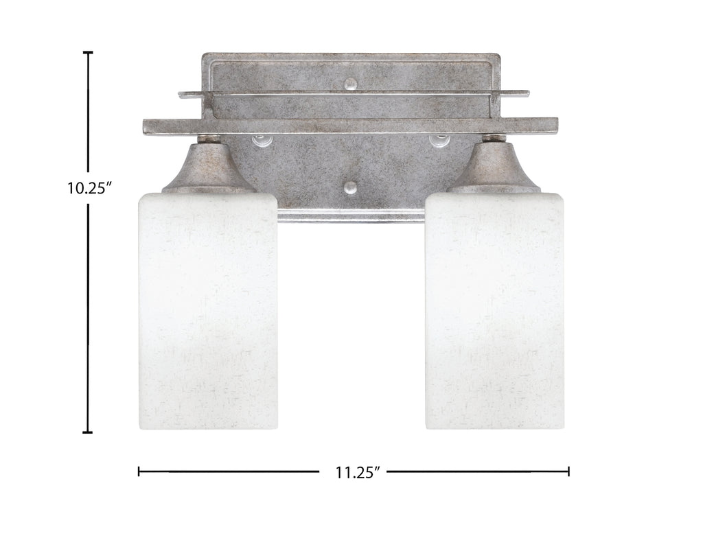Uptowne Two Light Bath Bar in Aged Silver with 4" Square White Muslin Shade