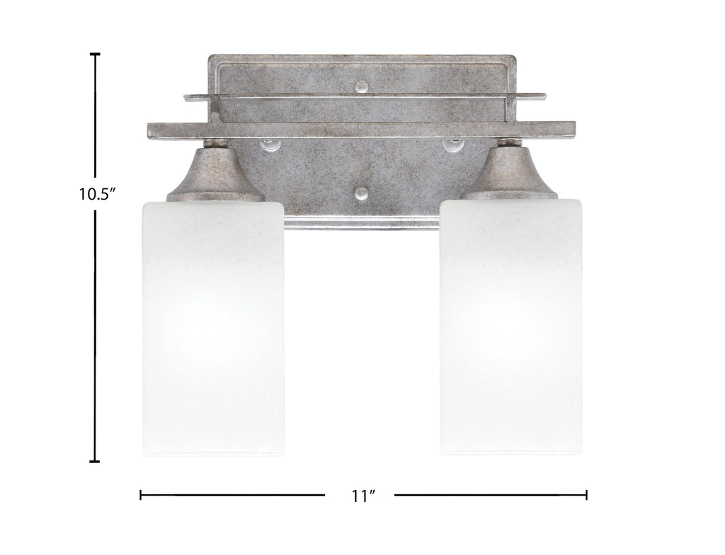 Uptowne Two Light Bath Bar in Aged Silver with 3.5" Square White Marble Shade