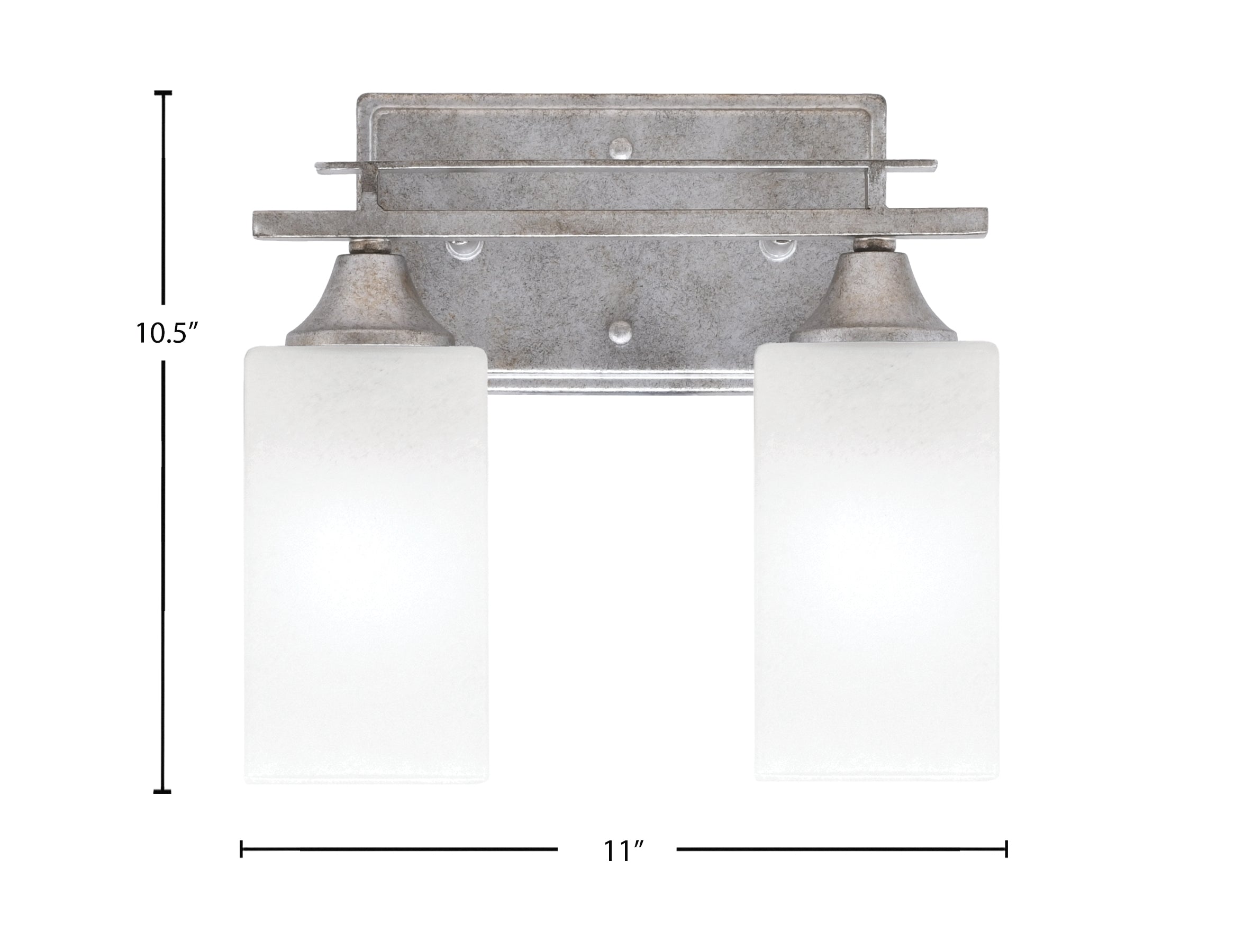 Uptowne Two Light Bath Bar in Aged Silver with 3.5" Square White Marble Shade