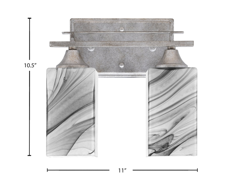 Uptowne Two Light Bath Bar in Aged Silver with 3.5" Square Onyx Swirl Glass Shade