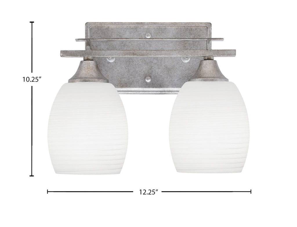 Uptowne Two Light Bath Bar in Aged Silver with 5" White Linen Shade