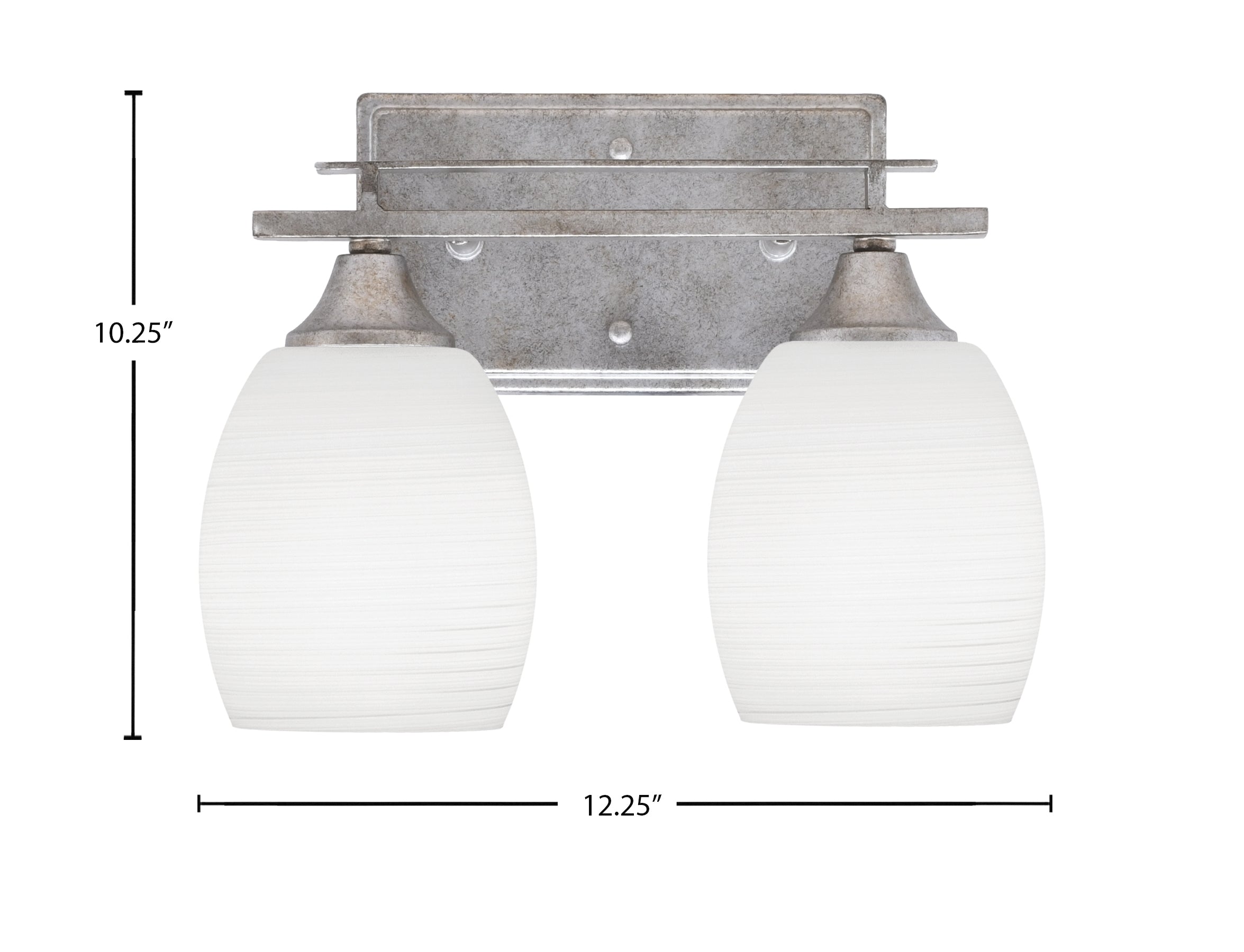 Uptowne Two Light Bath Bar in Aged Silver with 5" White Linen Shade