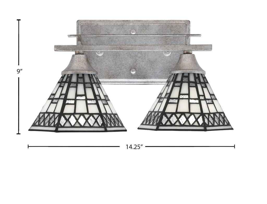 Uptowne Two Light Bath Bar in Aged Silver with 7" Pewter Art Glass Shade