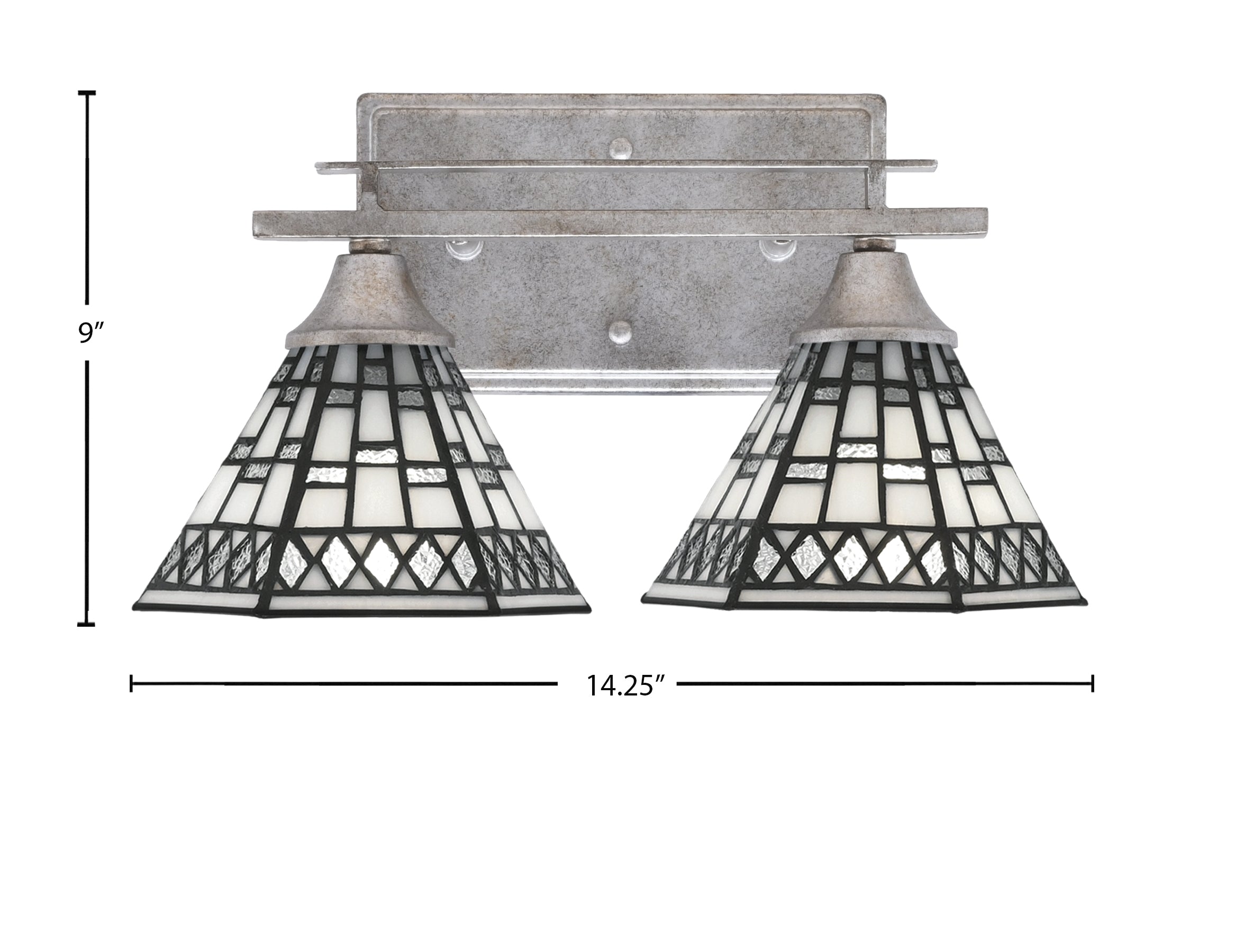 Uptowne Two Light Bath Bar in Aged Silver with 7" Pewter Art Glass Shade