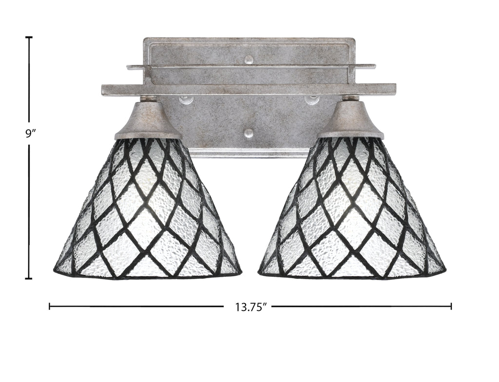 Uptowne Two Light Bath Bar in Aged Silver with 7" Diamond Ice Art Glass Shade