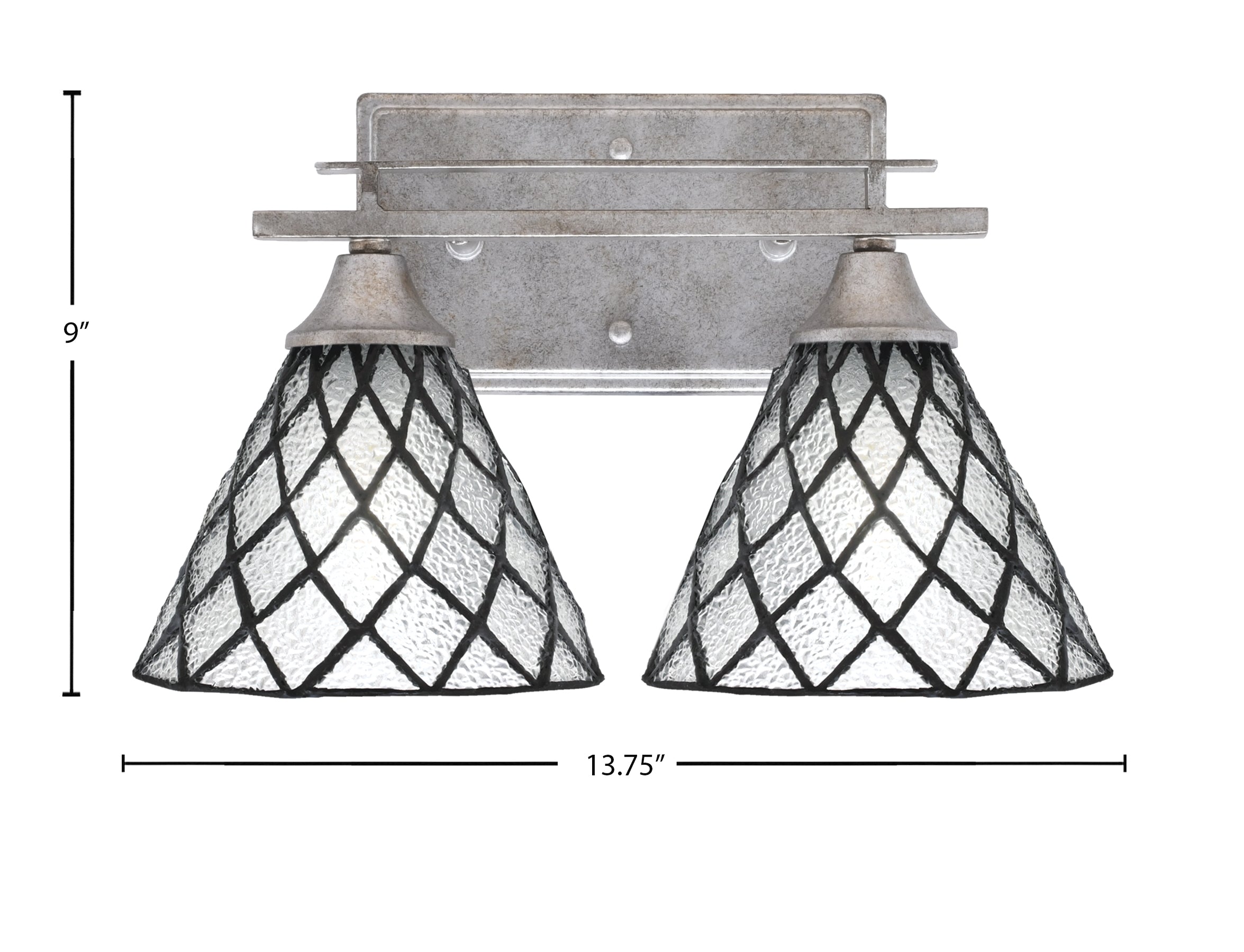 Uptowne Two Light Bath Bar in Aged Silver with 7" Diamond Ice Art Glass Shade