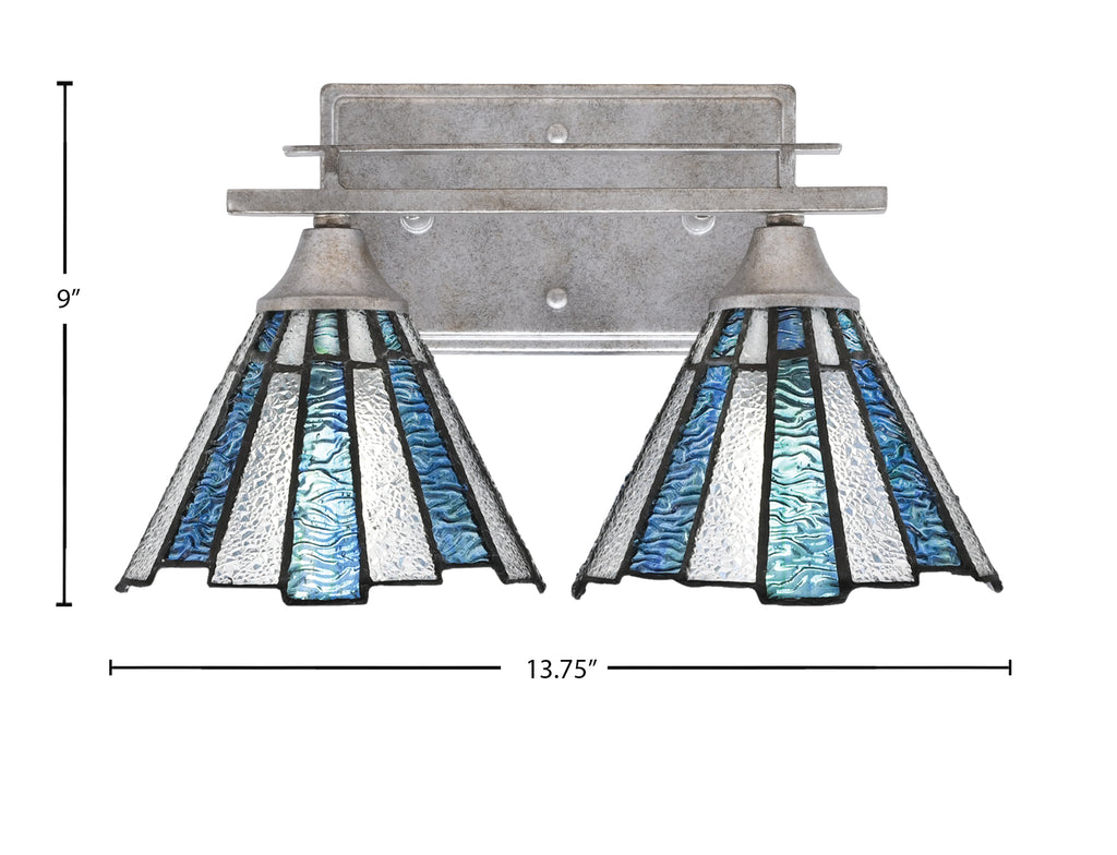 Uptowne Two Light Bath Bar in Aged Silver with 7" Sea Ice Art Glass Shade