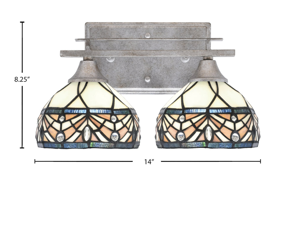 Uptowne Two Light Bath Bar in Aged Silver with 7" Royal Merlot Art Glass Shade