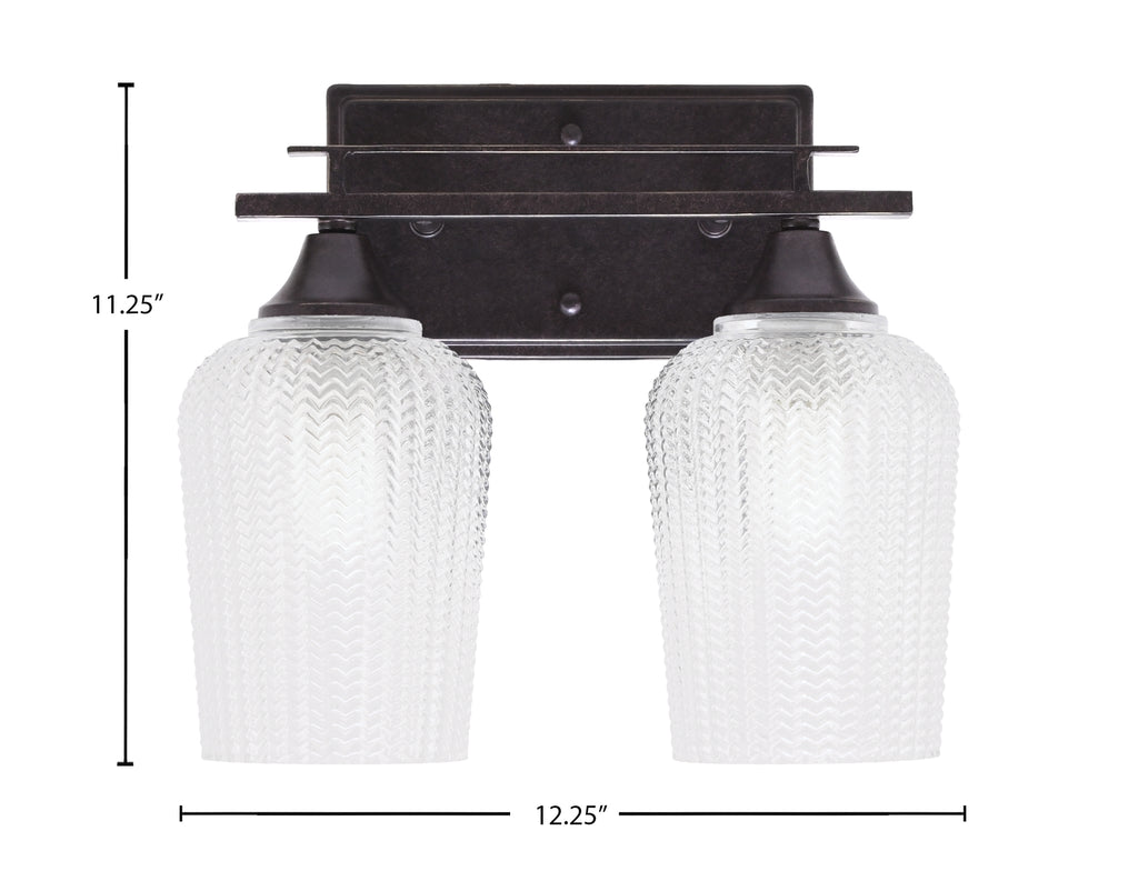 Uptowne Two Light Bath Bar in Dark Granite with 5" Clear Textured Shade