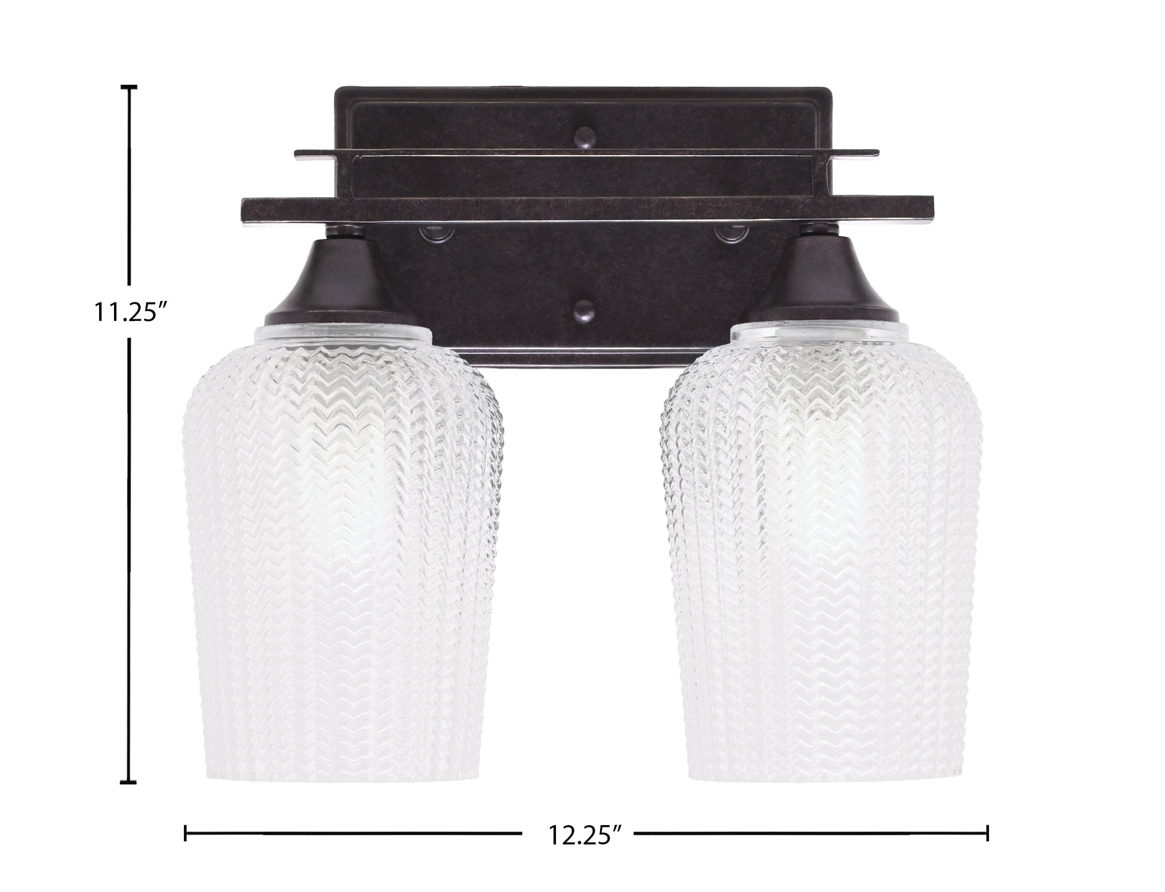 Uptowne Two Light Bath Bar in Dark Granite with 5" Clear Textured Shade
