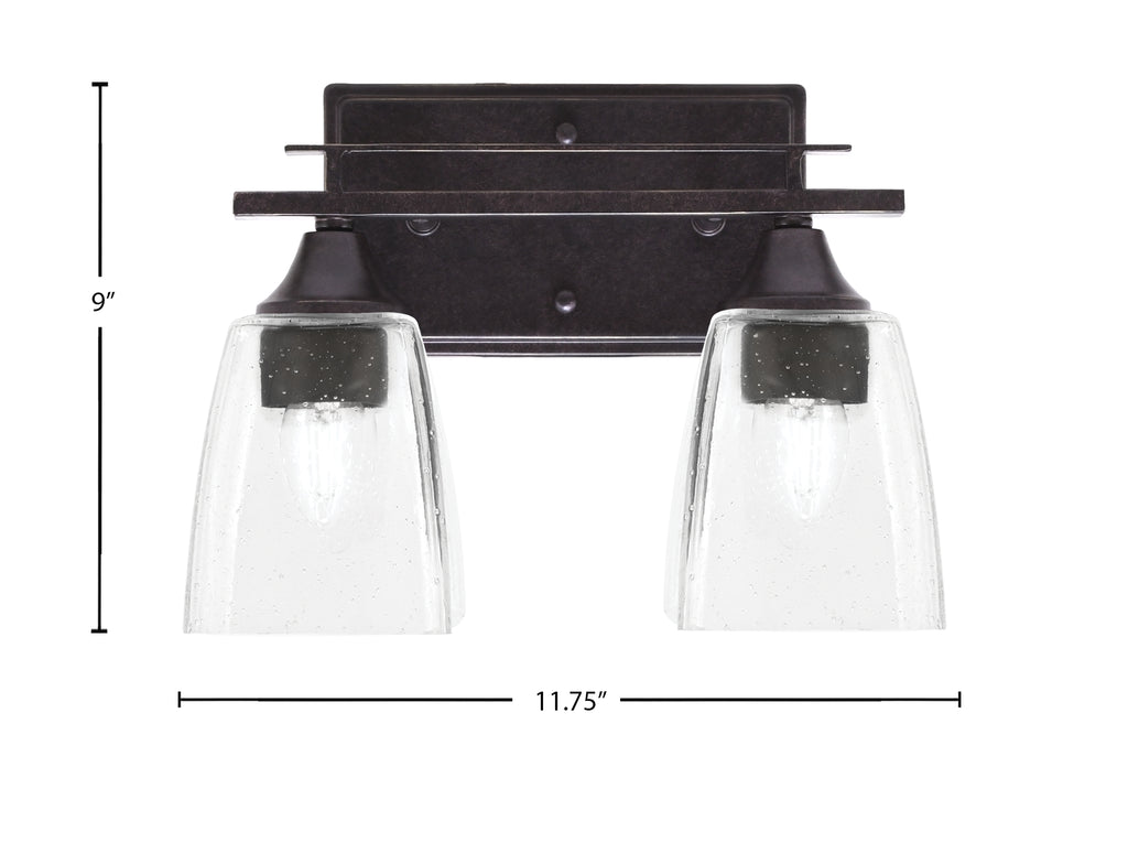 Uptowne Two Light Bath Bar in Dark Granite with 4.5" Square Clear Bubble Shade