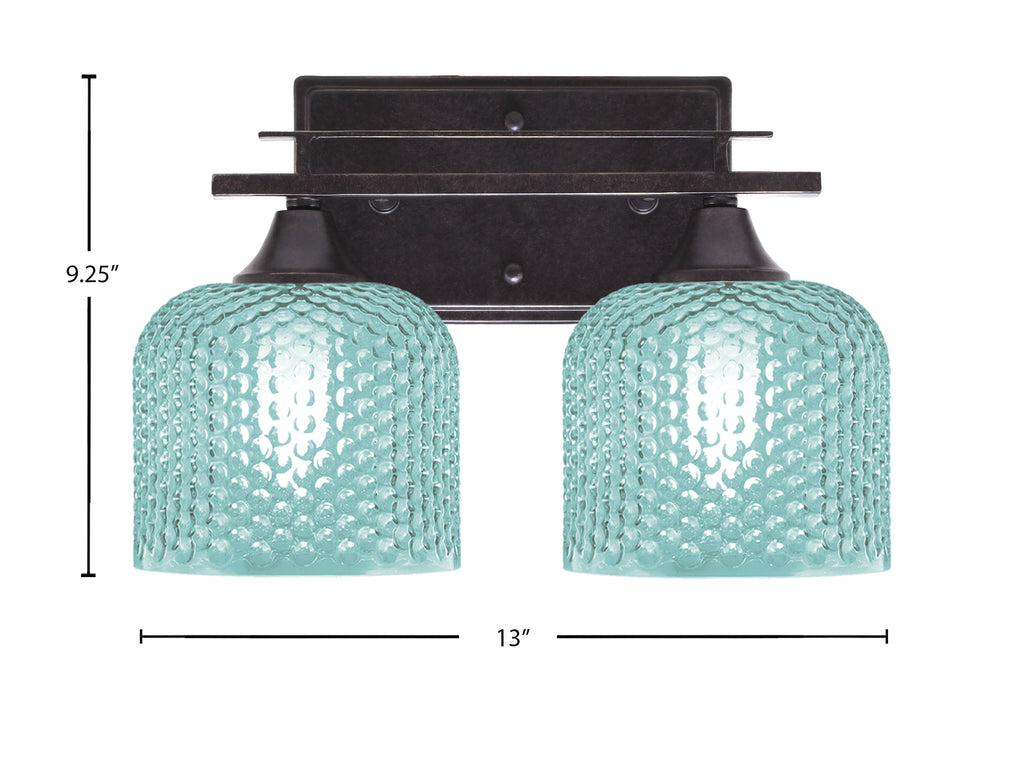 Uptowne Two Light Bath Bar in Dark Granite with 6" Turquoise Textured Glass Shade