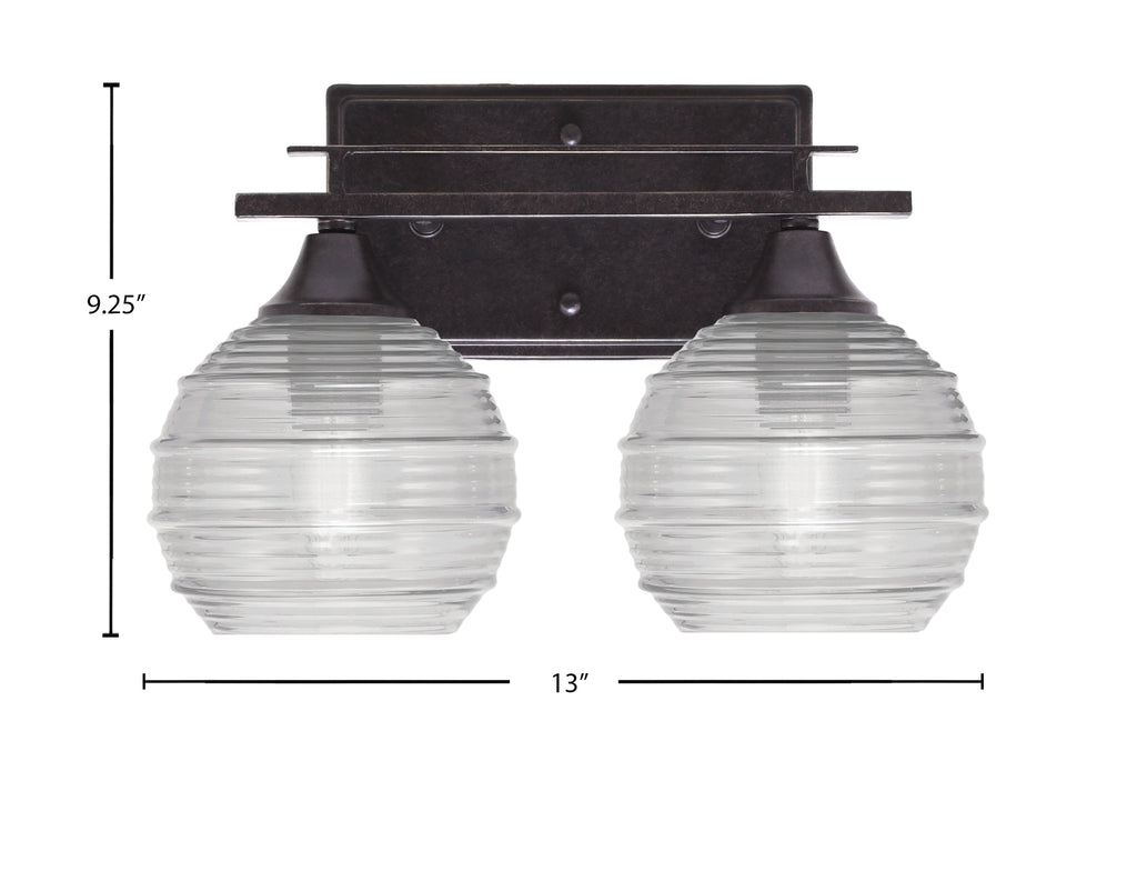 Uptowne Two Light Bath Bar in Dark Granite with 6" Clear Ribbed Shade