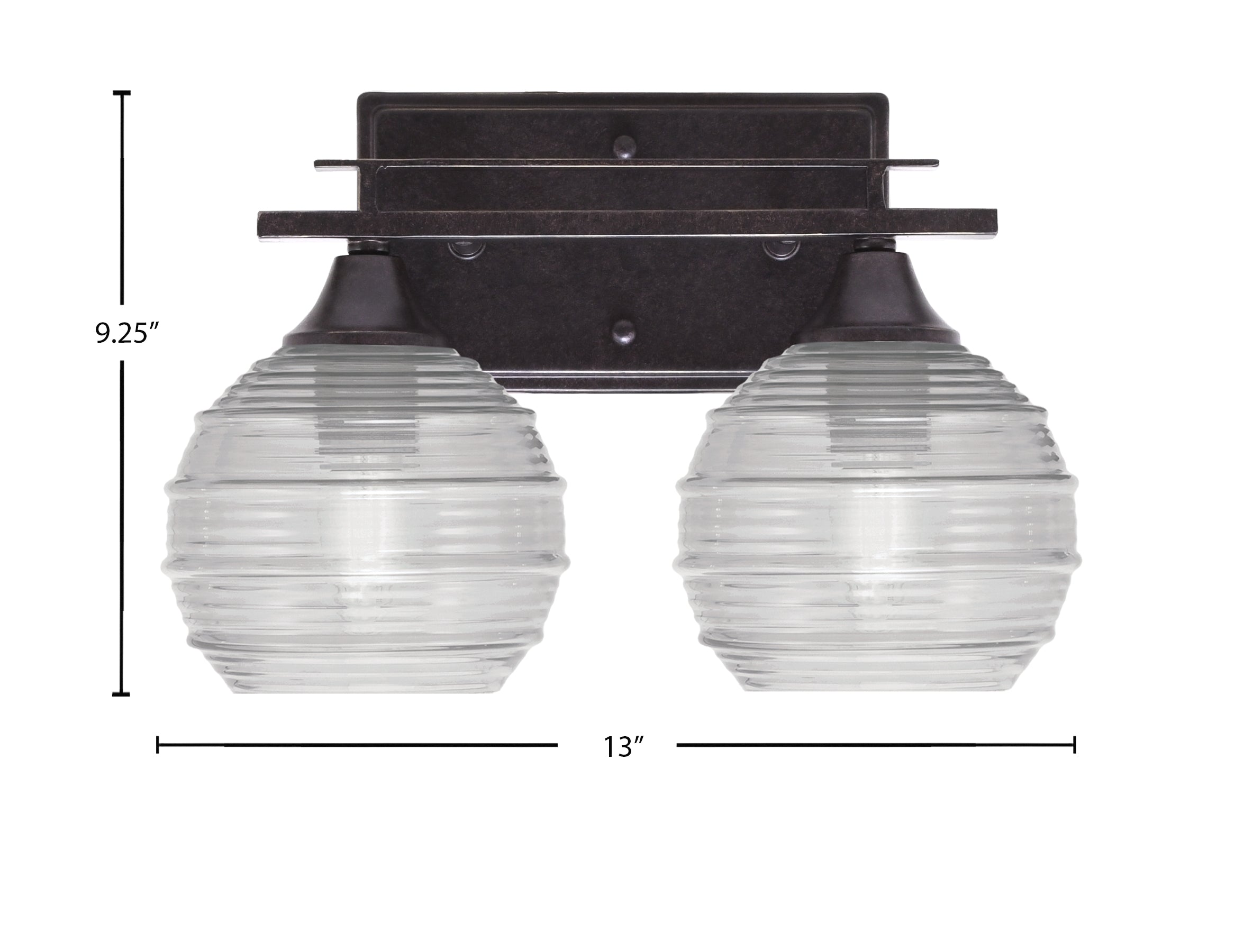 Uptowne Two Light Bath Bar in Dark Granite with 6" Clear Ribbed Shade