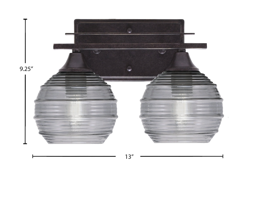 Uptowne Two Light Bath Bar in Dark Granite with 6" Smoke Ribbed Shade