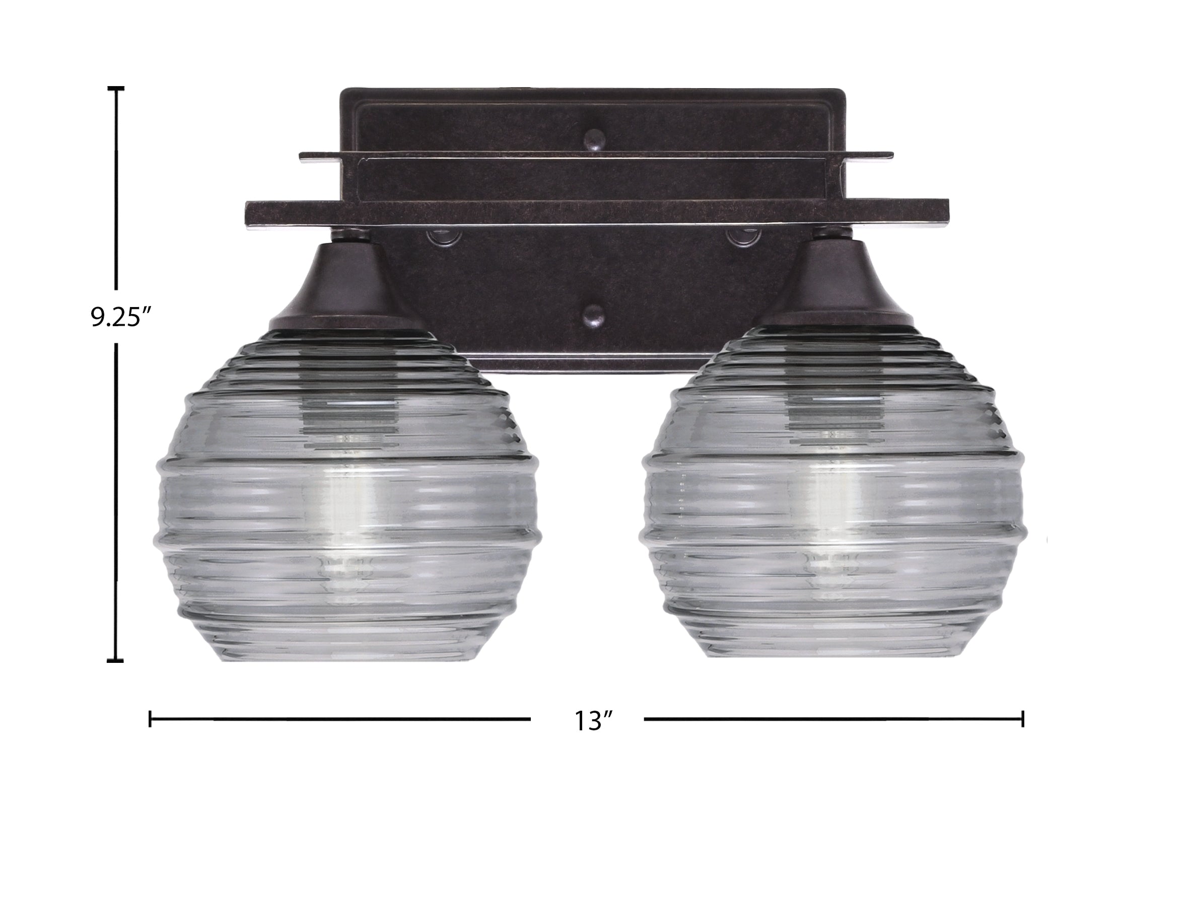 Uptowne Two Light Bath Bar in Dark Granite with 6" Smoke Ribbed Shade