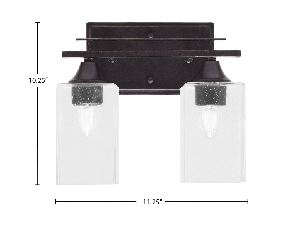 Uptowne Two Light Bath Bar in Dark Granite with 4" Square Clear Bubble Shade