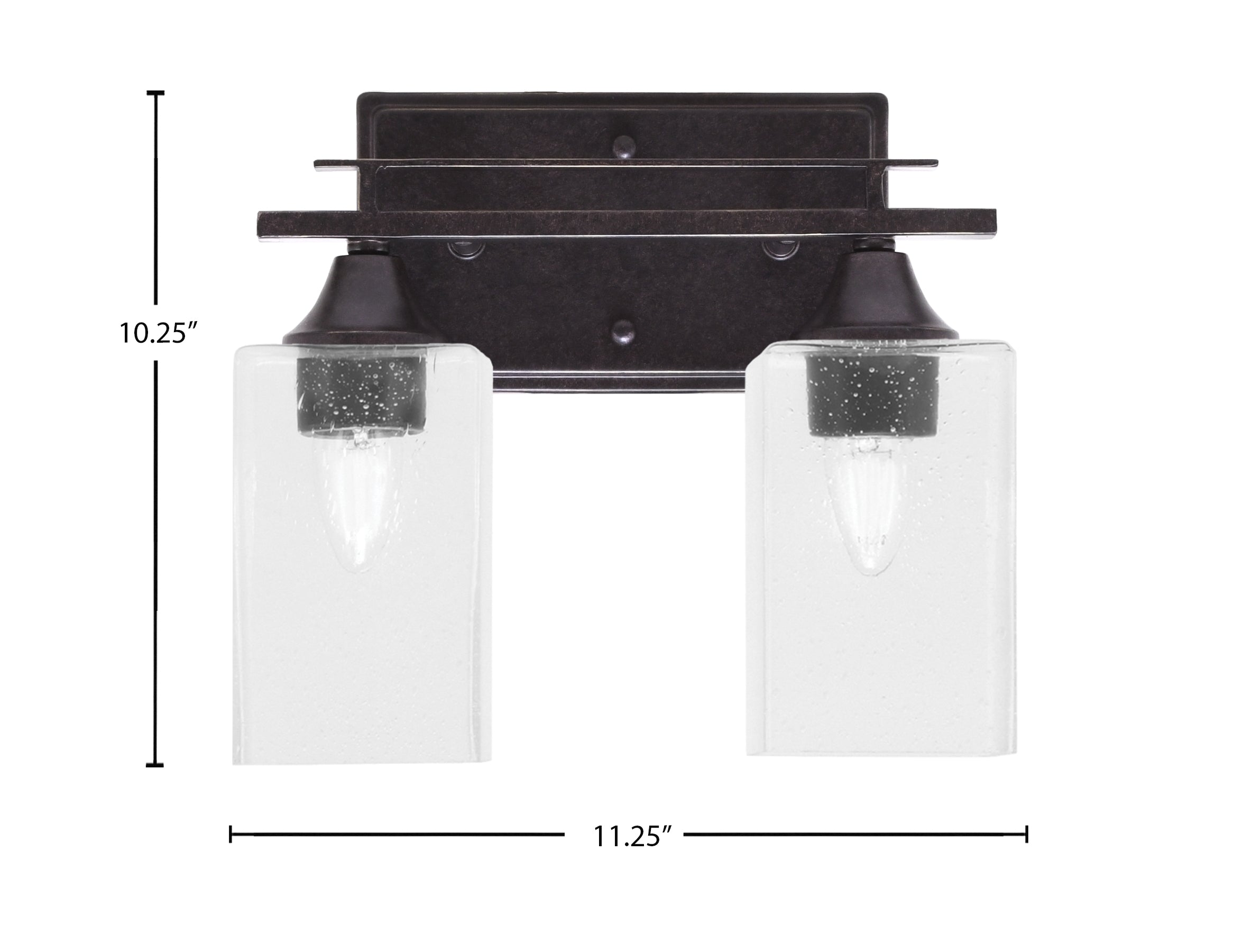 Uptowne Two Light Bath Bar in Dark Granite with 4" Square Clear Bubble Shade
